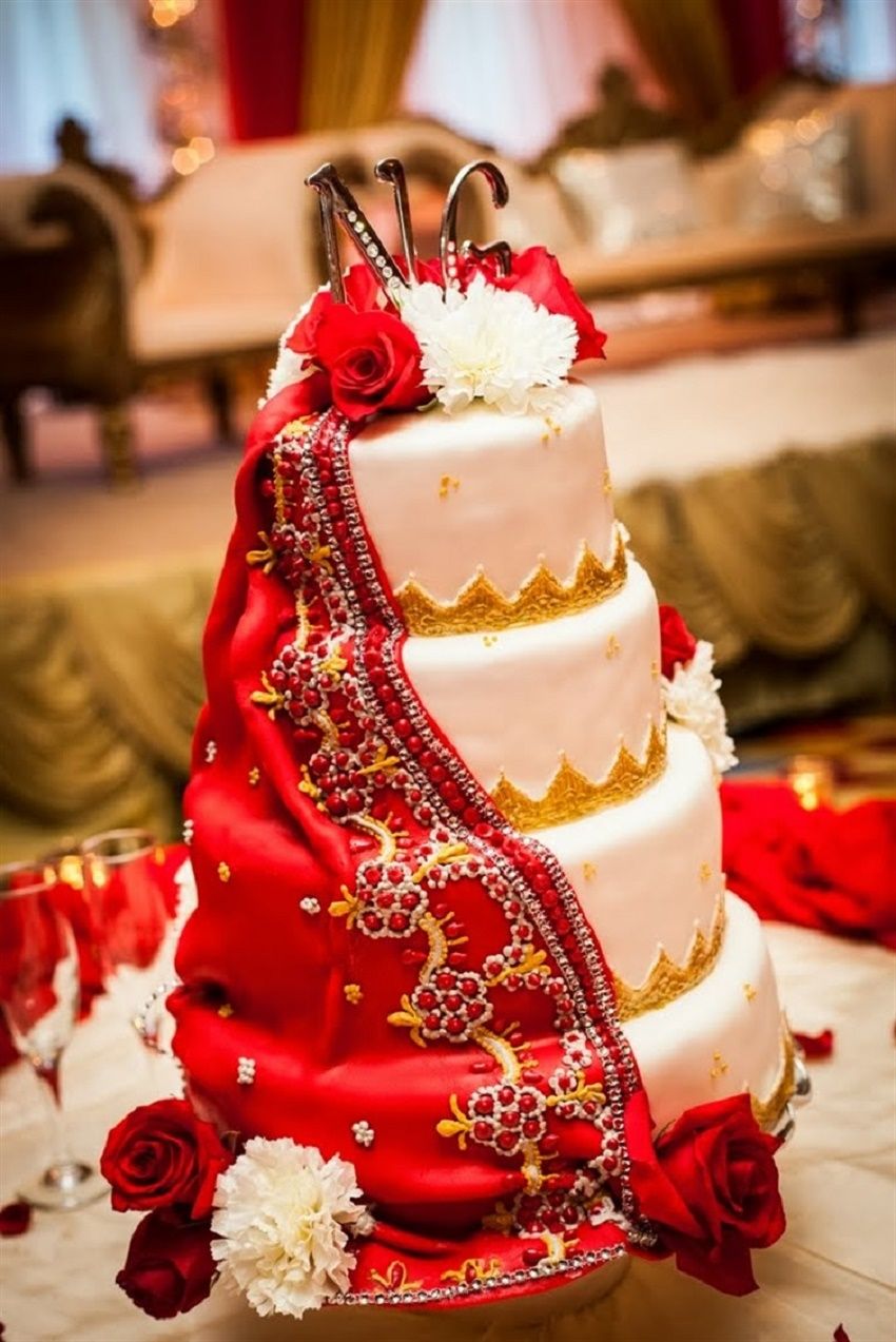Soma Sengupta Indian Wedding Cakes- Sleek, Jewelled Red & White Wedding Cake!  | Indian Weddings: Cake by Soma Sengupta